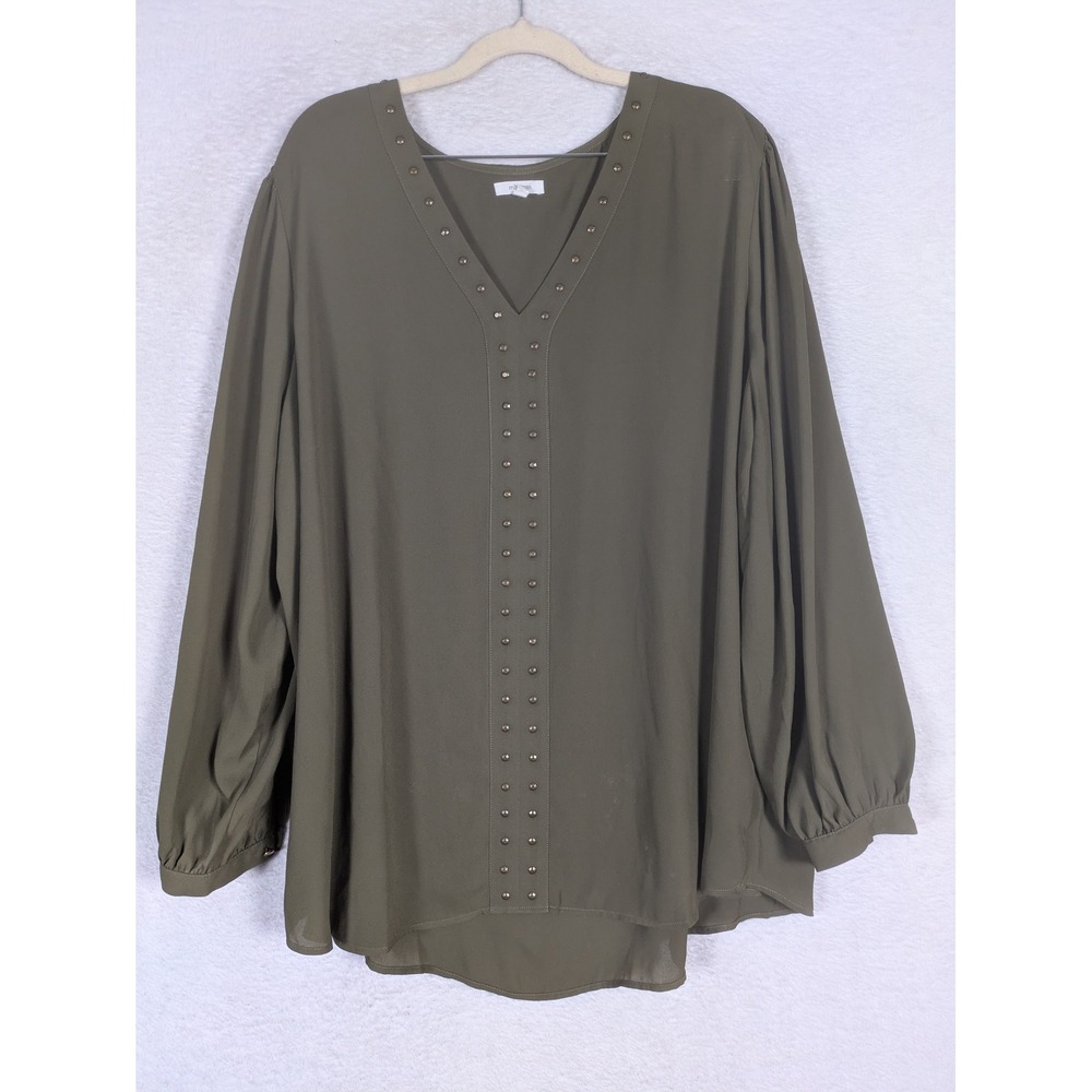 Maurices Blouse Women's 2X Olive Green Studded V-Neck Long Sleeve Relaxed Fit